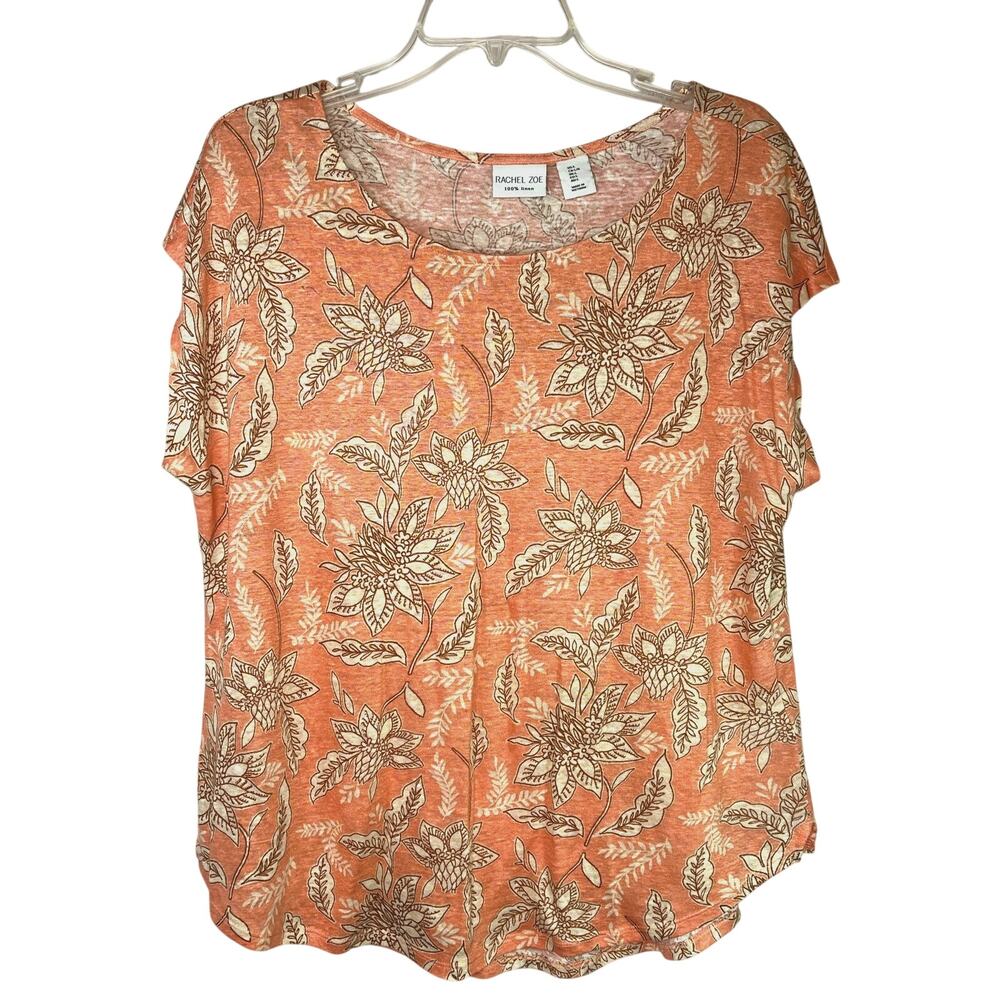 Rachel Zoe 100% linen floral print top, peach/brown/cream, size L, EUC